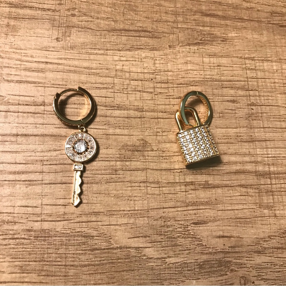 Gold Key and Padlock Charm Earrings - Sparkling Rhinestone CZ Accents